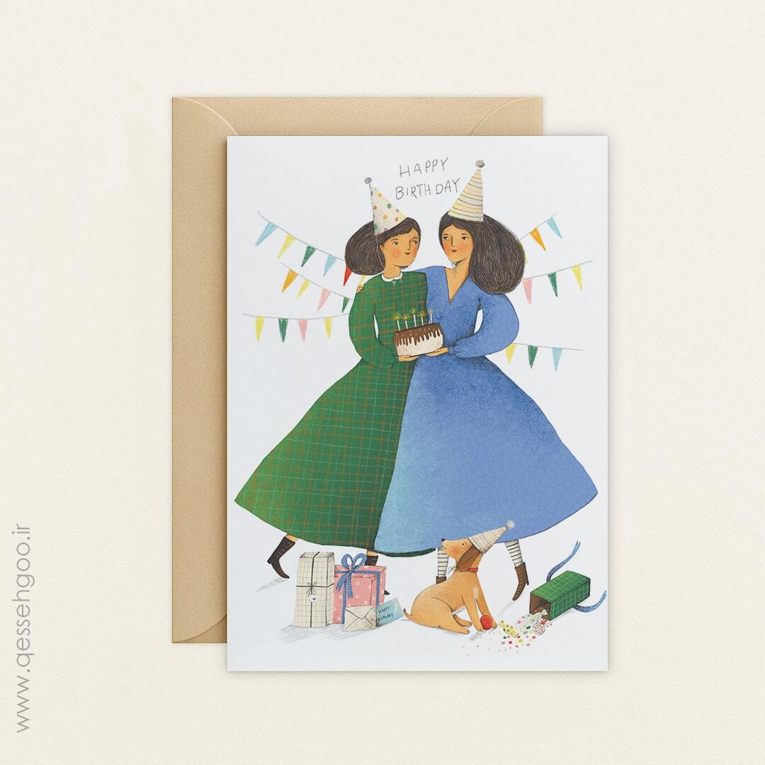  تصویرسازی تولدت مبارک دو دوست کیک به دست 