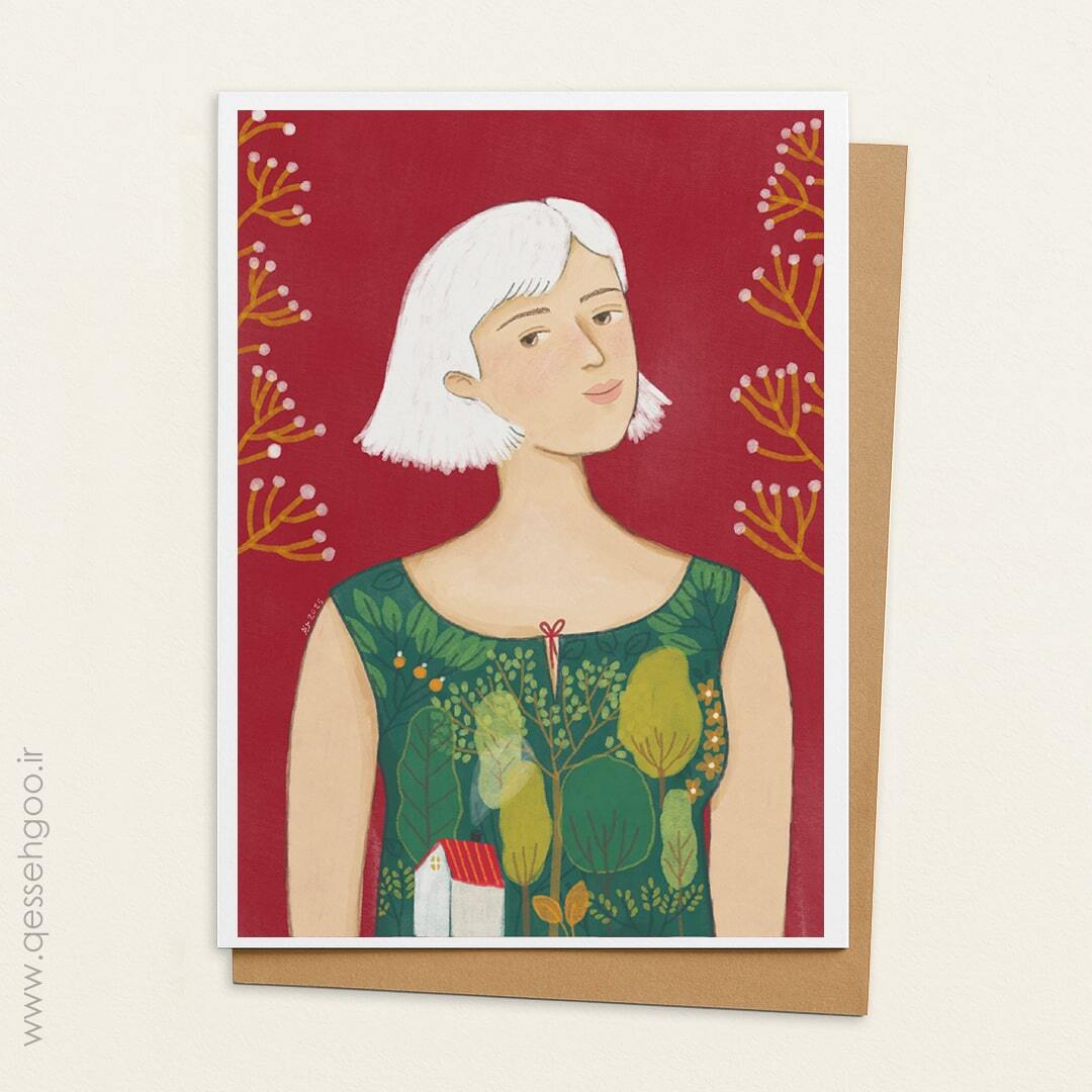  تصویرسازی دختری که درختان را روی پیراهنش نقاشی کشیده 