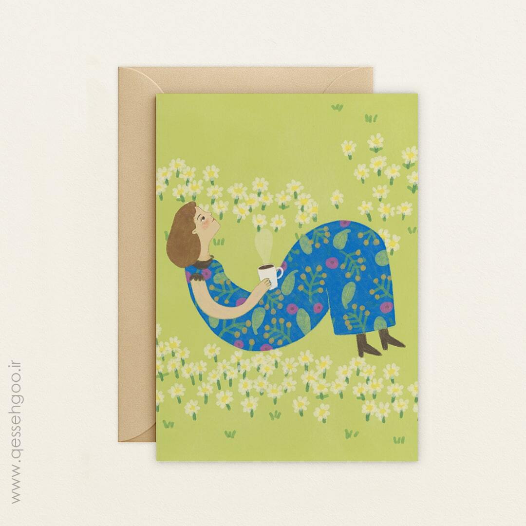  تصویرسازی دختر در چمنزار با چای 