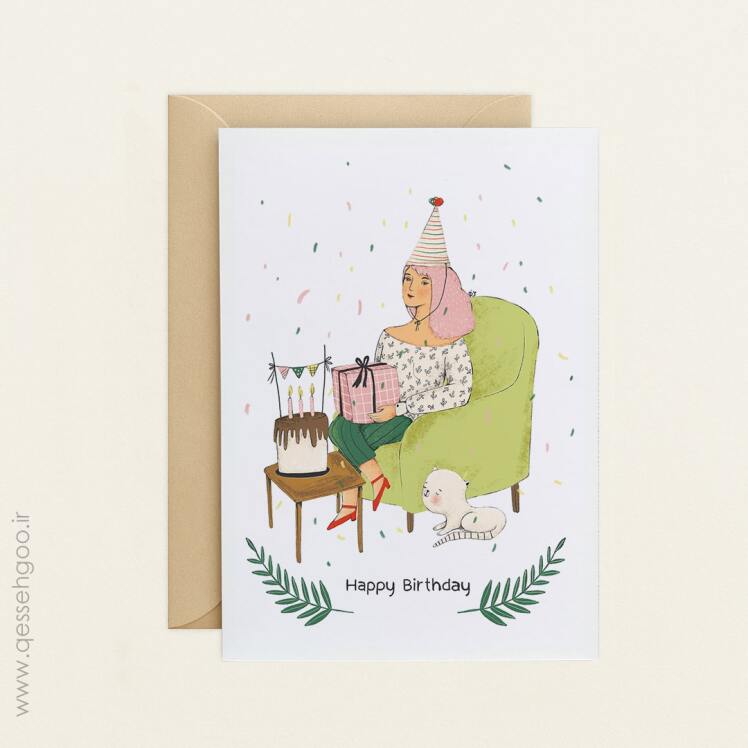 کارت تبریک تولد با طرح دختر و گربه